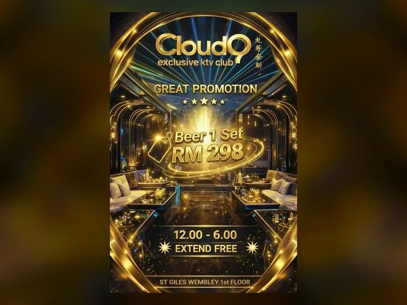 Cloud 9 KTV Penang promotion poster: beer set RM298 with free room extension from midnight to 6am, 1st floor St Giles Wembley, George Town