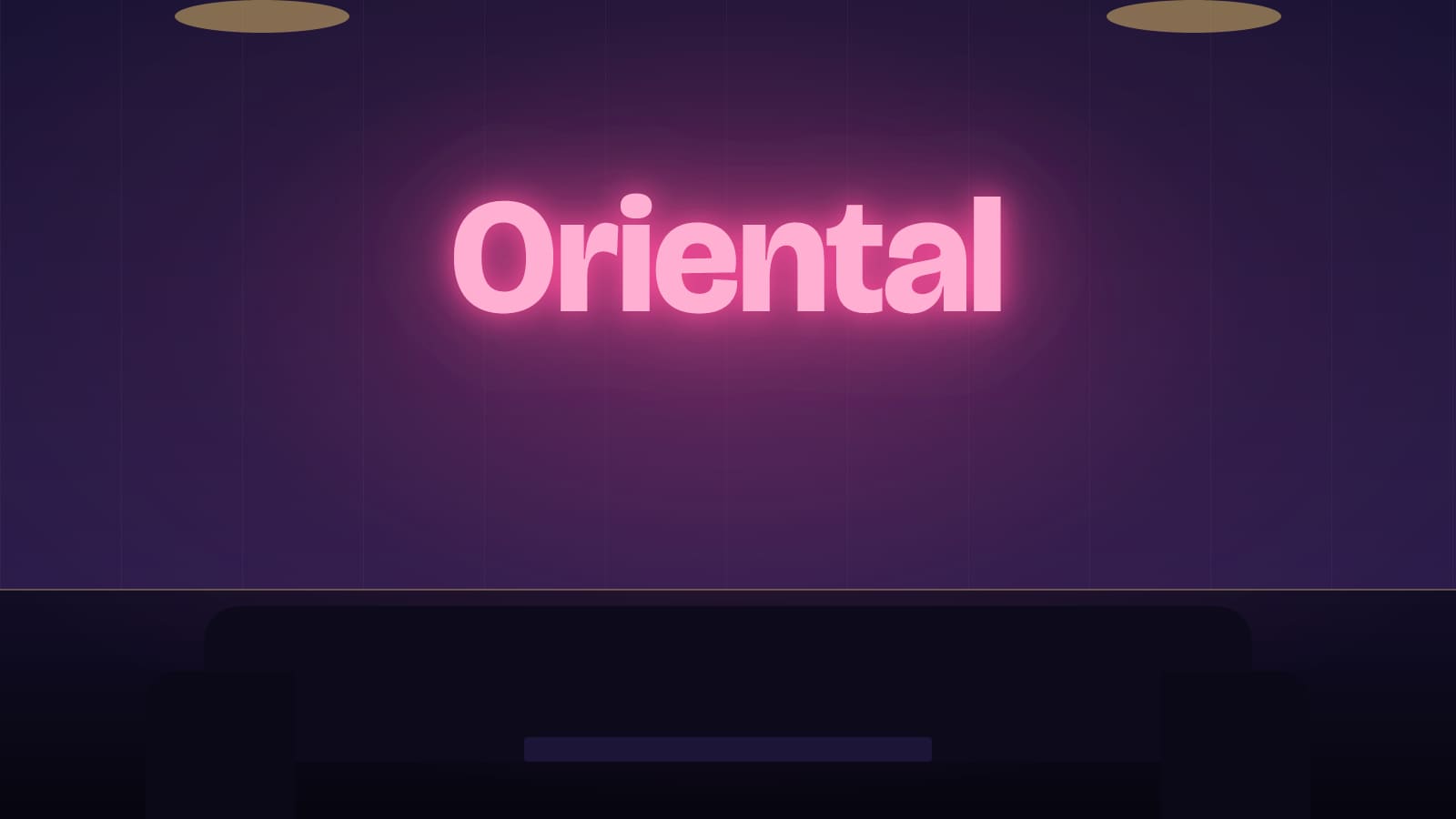 Illustration of a neon Oriental sign in a dark private room, KTV lounge in George Town, Penang